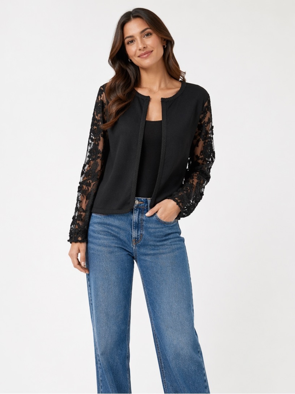 Sioni Black Open-Front  Black Cardigan with Floral Lace Sleeves